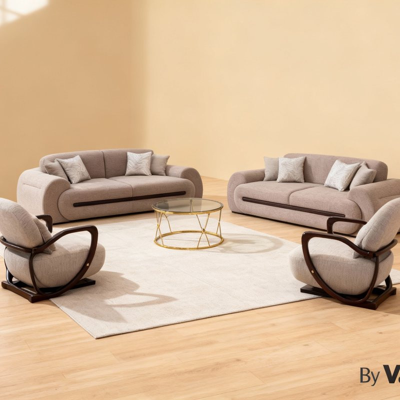 Modern Beige Living Room Set – Two 3-Seater Sofas + 2 Armchairs + Round Glass Coffee Table