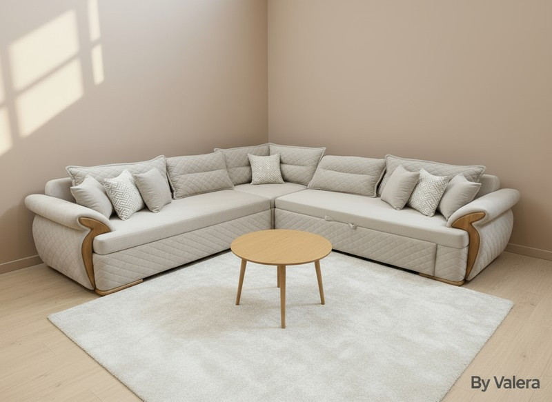 ركنة مبطنة Quilted بيج فاتح مع لمسات خشبية + ترابيزة جانبية | Valera