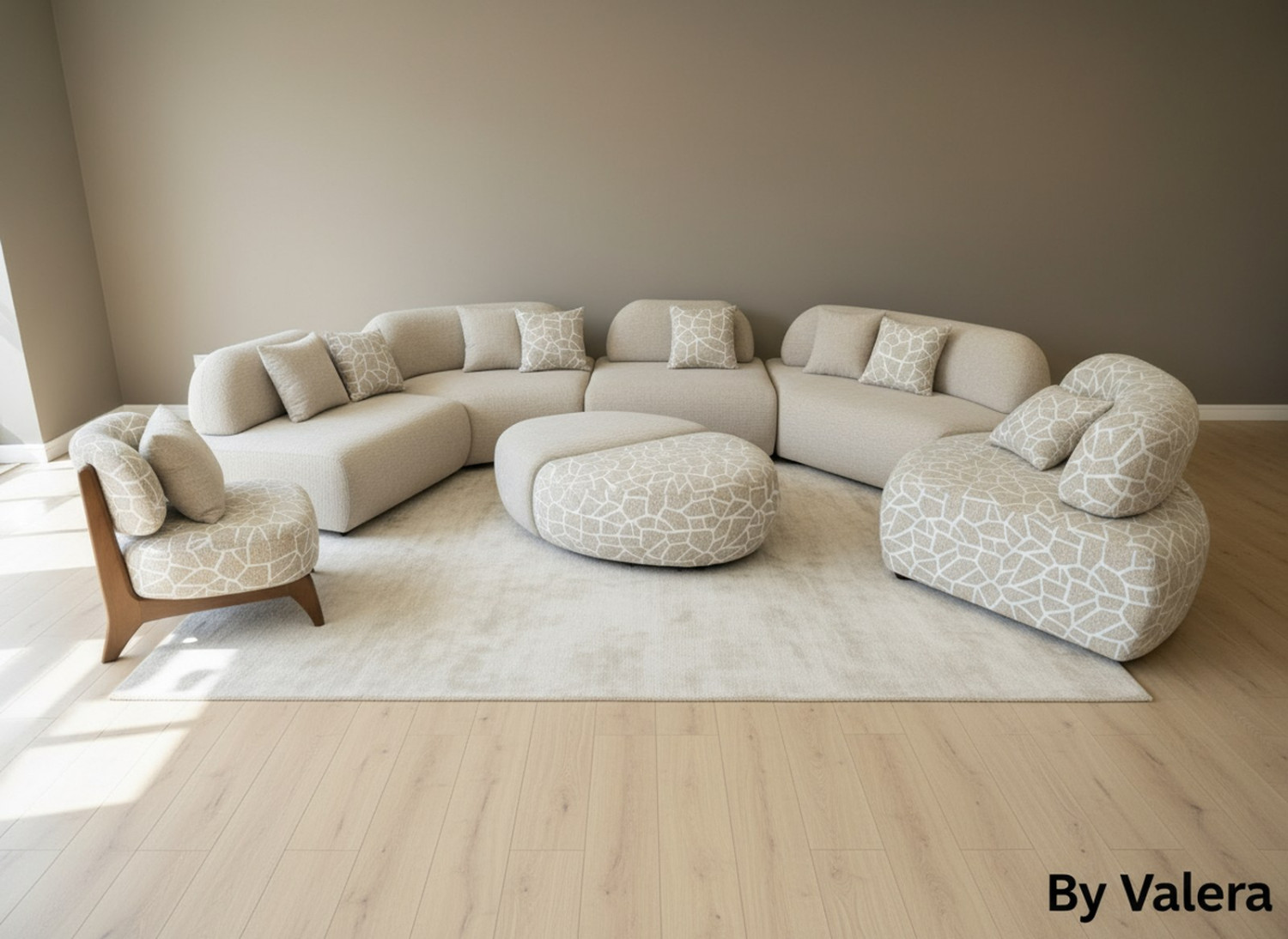Modern Beige Living Room Set – Two 3-Seater Sofas + 2 Armchairs + Round Glass Coffee Table