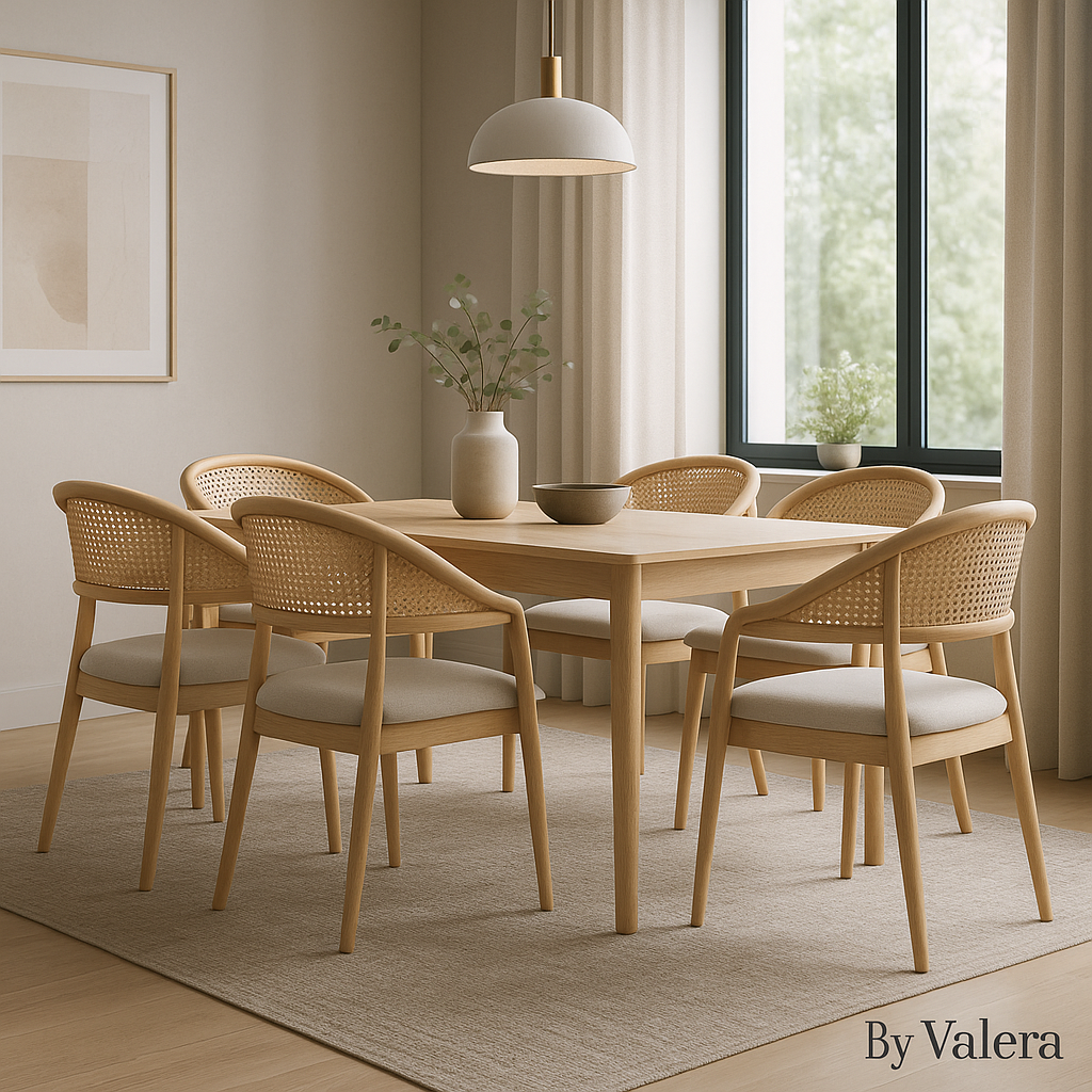طقم سفرة مودرن خشب وخوص (6 كراسي + طاولة) | Modern Cane Dining Set (Table + 6 Chairs)